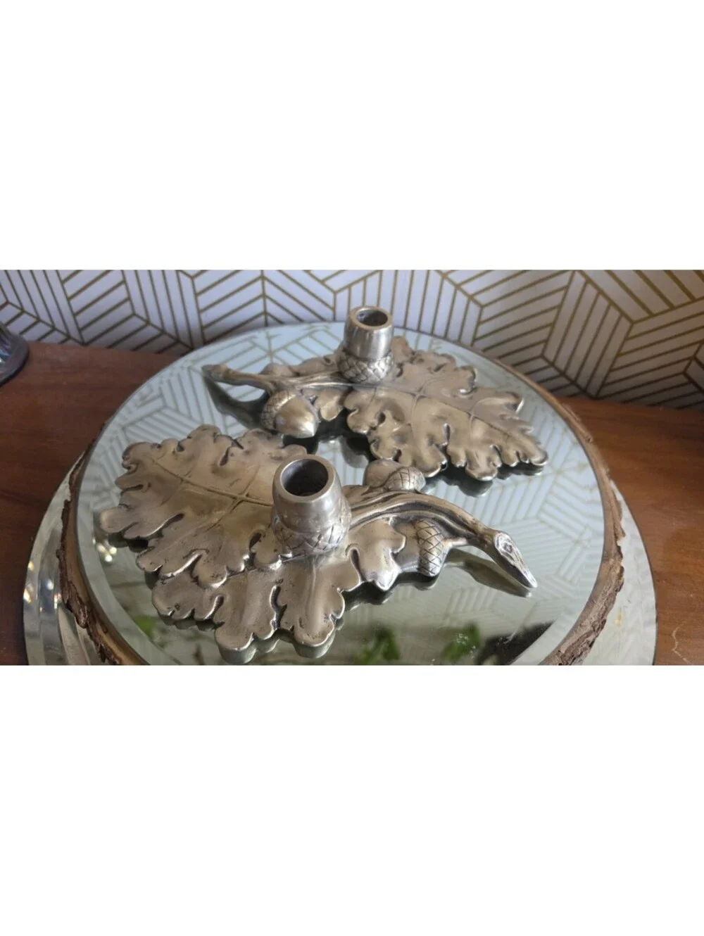 Vintage Aluminum Pair Bruce Fox Design Acorn Oak Leaf Candlestick Holders Signed